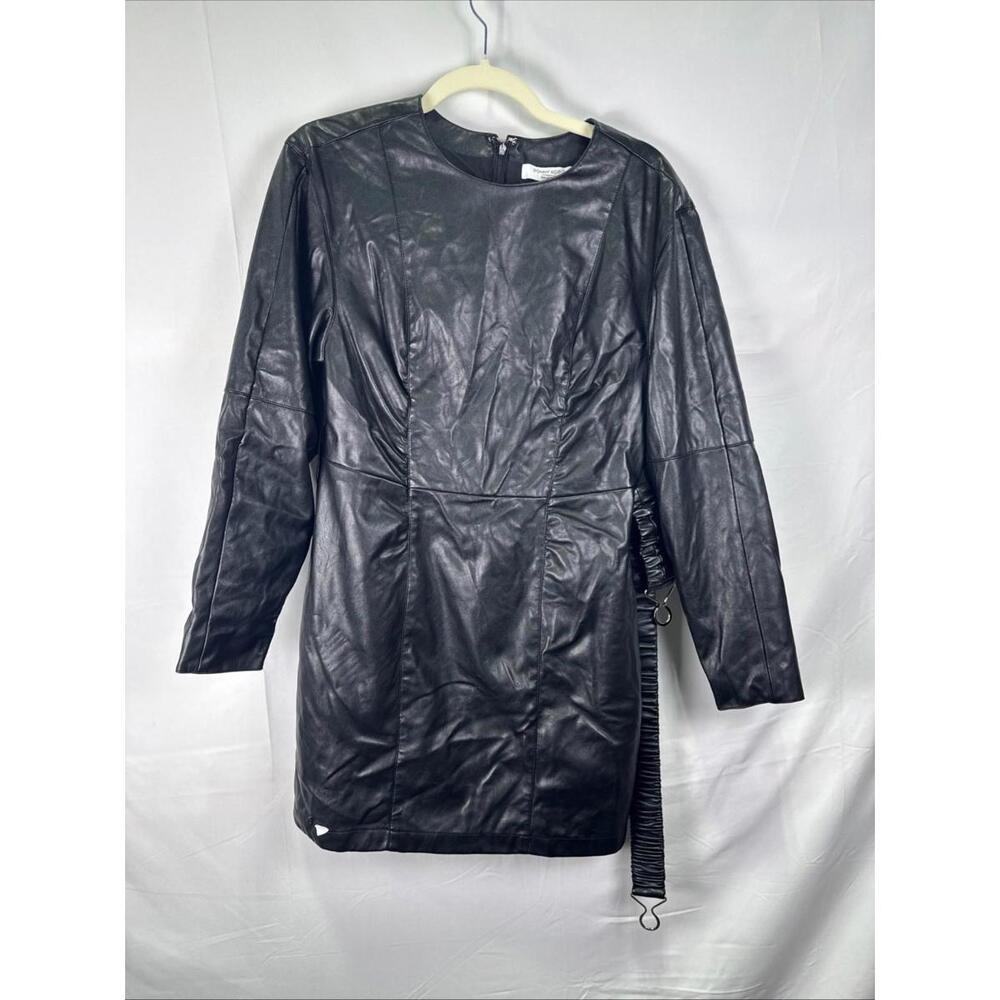 Ronny Kobo x RTR Black Faux Leather Belted Mini Dress Size 10 with Dents - Picture 2 of 7
